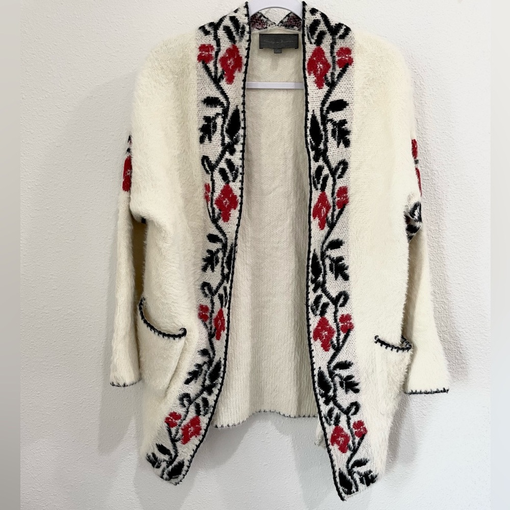 Anthropologie Cream Cardigan with Red and Black Floral Design